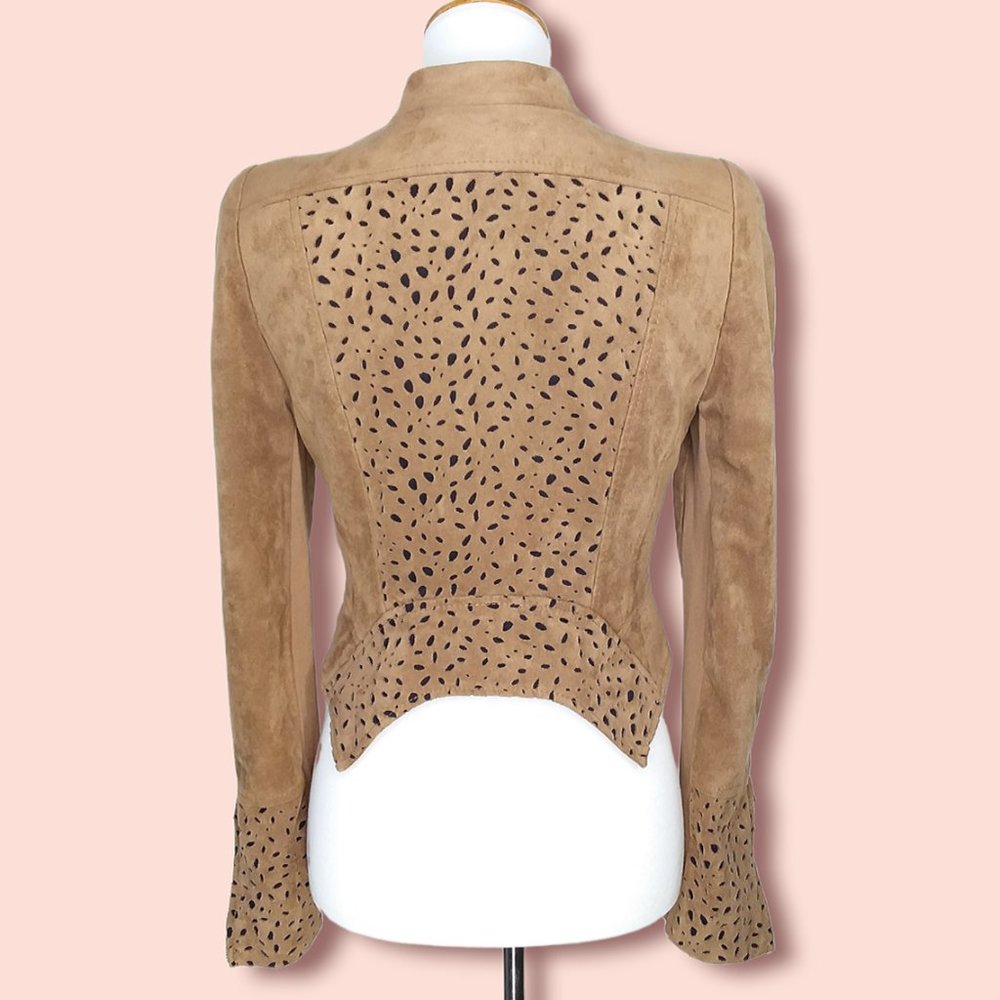 BCBGMaxAzria Skyler Faux Suede Cropped Moto Jacket Size Small Laser Cutouts - Picture 6 of 11
